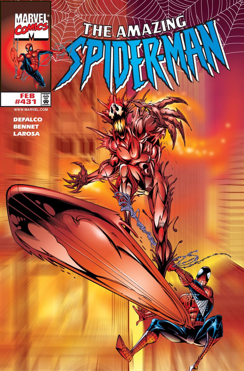 Carnage bonds with the Silver Surfer and becomes the Carnage Cosmic in Amazing Spider-Man 430-431! The Carnage Symbiote leaves Kasady and bonds to the Silver Surfer because of a race memory and the symbitote corrupts the Surfer and wants to use his power for it’s own desires!