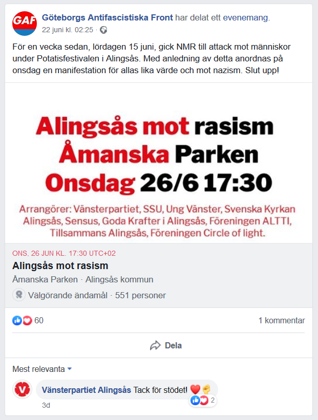 Antidemokrat3's tweet photo. Vänsterpartiet Alingsås stödjer vänsterextrema GAF. Förvånad? Knappast. Med tanke på den patetiska antifascism Ung Vänstern bedriver så är det föga förvånande att moderpartiet följer samma spår. https://t.co/NoHcSH8w0m