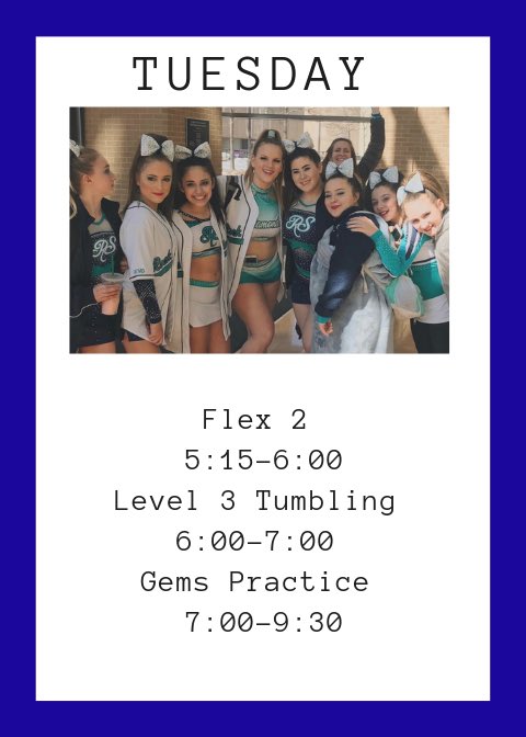 RSAllStars's tweet photo. Tuesday 🤘🏼
Flex 2 
5:15-6:00
Level 3 Tumbling 
6:00-7:00 
Gems Practice 
7:00-9:30
#13arockstar https://t.co/MYZxC0upcA