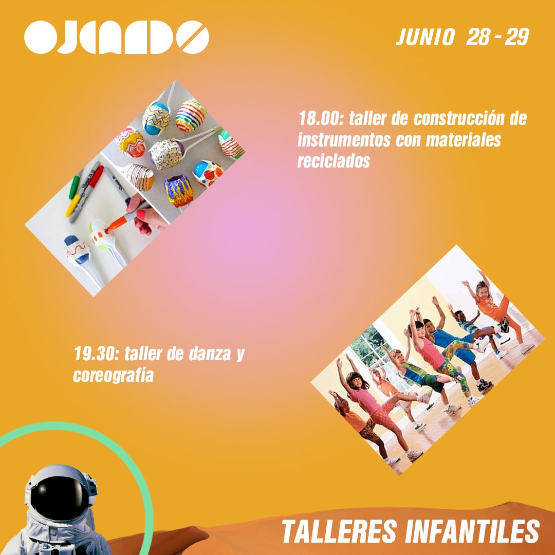 ¡Como viene siendo habitual en las últimas ediciones también tendremos talleres infantiles!

Viernes y sábado a las 18.00 horas: taller de construcción de instrumentos con materiales reciclados

Viernes y sábado a las 19.30 horas: taller de danza y coreografía

*Entrada libre