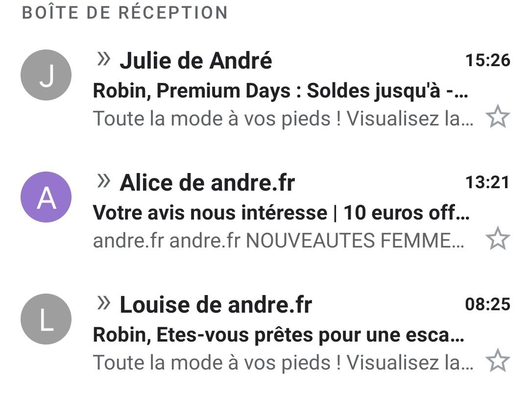 RobinClt's tweet image. Chères Julie, Alice et Louise de @andrechaussures, je me doute que vous êtes toutes trois très sympathiques, mais merci de vous coordonner sur vos prochains emails (surtout que je me suis désabonné de vos emailings récemment) 😉