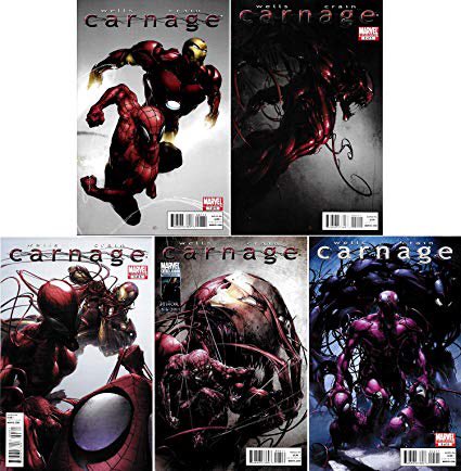 Carnage makes his glorious return in Carnage (2010) 1-5! This story is also known as Carnage: Family FeudAfter being seemingly dead for 6 years Carnage is back in this series! Spider-Man and Iron Man are going on the trail that leads to Carnage!