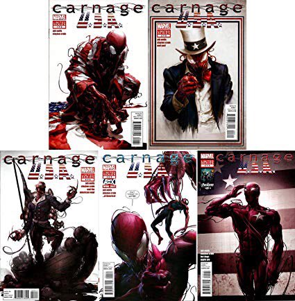 Carnage Family Feud has a sequel by the same creative team (Wells and Crain), this sequel is Carnage: USA 1-5!Carnage claims the town of Doverton Colorado as his own and he subjects the town to his chaos. Spider-Man and a team of Avengers attempt to stop him but can they?