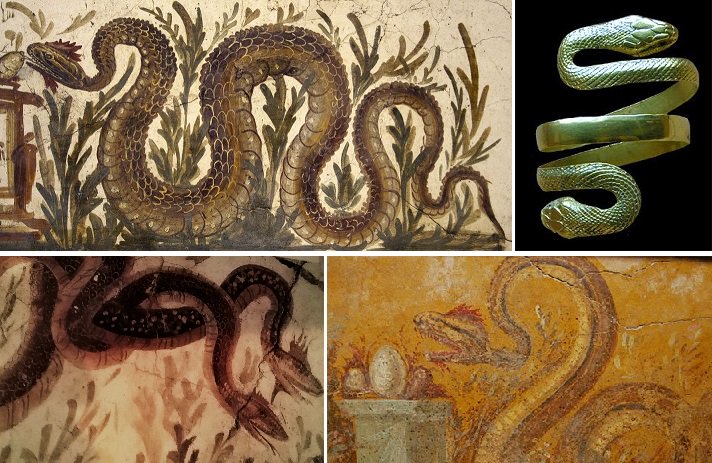 ClassicalMyths's tweet photo. Ancient Romans believed it was good luck to see a snake. Snakes also were honored as spirits that guarded places. In #Roman art and culture many snakes decorate floors and walls as well as wealthy wrists.

L-R: Pompeii frescoes, gold snake bracelet, c. 1st century BC/CE https://t.co/Ii5BC2o3U0