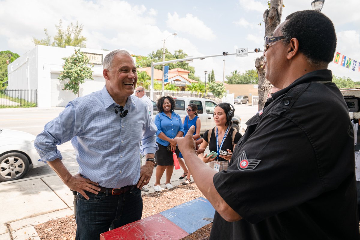 JayInslee's tweet photo. A lot of people are wondering how I’m preparing for the debate tomorrow. I’m in Miami, listening to people on the frontlines of the climate crisis. #DemDebates https://t.co/XTVQhYu2ig