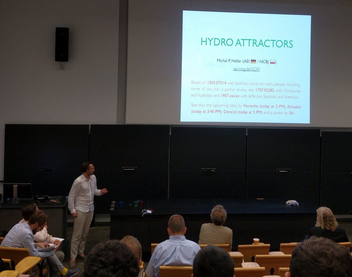 thermalization's tweet photo. Michal Heller @mpi_grav gives plenary talk at #initialstages2019 on Hydro attractors #FarFromEquilibrium #InitialConditions https://t.co/G8Z3xcxvlg