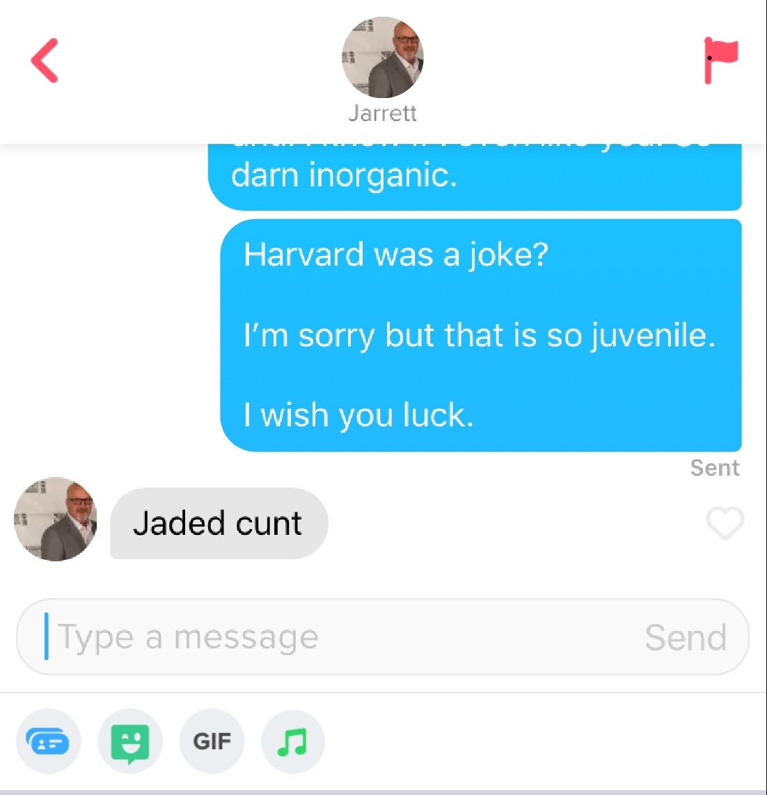 DatingWhatever's tweet image. Beware Jarrett, 50, who recently moved to Los Angeles from Texas and did not attend Harvard as his tinder profile states. #OnlineDating #datingadvice
