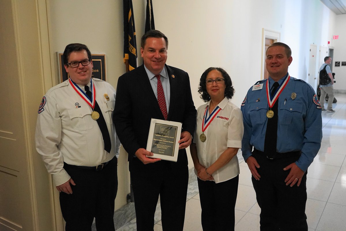 RepRichHudson's tweet photo. It was an honor to meet the 2019 Stars of Life from @MecklenburgEMS - Joshua, Cynthia and Justin.  I will continue to support all of our EMS professionals and the critical role they play in our health care system. #EMS #SupportEMS @amerambassoc https://t.co/krLJdZQF3K