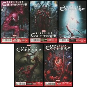 Next is Superior Carnage 1-5 and annual 1. The Wizard tries to use the Carnage Symbiote for his own sinister plot. But he eventually learns that Carnage is not one to be controlled. Superior Spider-Man tries to stop the chaos wreaked by Carnage!