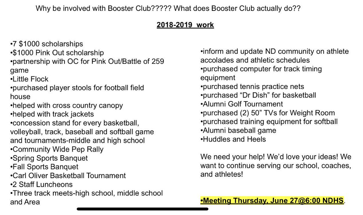 ND_Boosters's tweet photo. Booster club meeting Thursday, June 27 @ 6:00 https://t.co/KxXkU49SEO