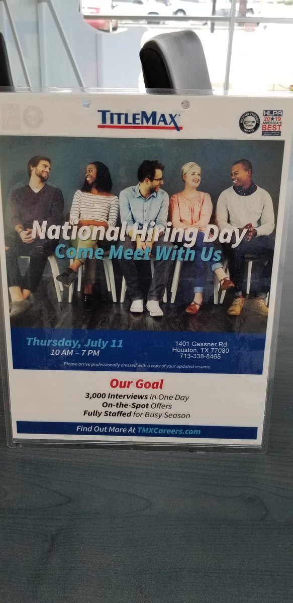 Do you like to help people? Are you looking for career advancement?  TitleMax is the place for you! Come see us at 1401 Gessner Rd. STE. A, Houston, TX 77080. Interviews are from 10am-7pm on July 11th. Please bring your resume.  rolp.co/JDFna #TMXNHD19 #TMXFAMIL