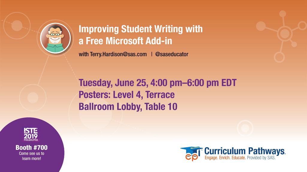 SASeducator's tweet photo. One more hour! It's time to learn about improving student writing with the free #WritingReviser Add-In for Microsoft. @HardisonTerry can tell you all about it at the poster session shortly. #ISTE19 #MicrosoftEDU https://t.co/P7hdtmTtAR https://t.co/hlWNl4Kzjv