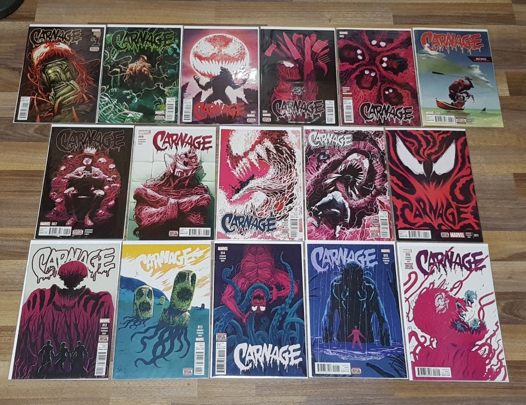 Carnage finally got an ongoing solo comic! That comic was Carnage (2015) 1-16In this comic series Carnage encounters the Darkhold and it changes his life as he attempts to uncover its secrets. The government sent a team that includes Toxin to try and stop Carnage!