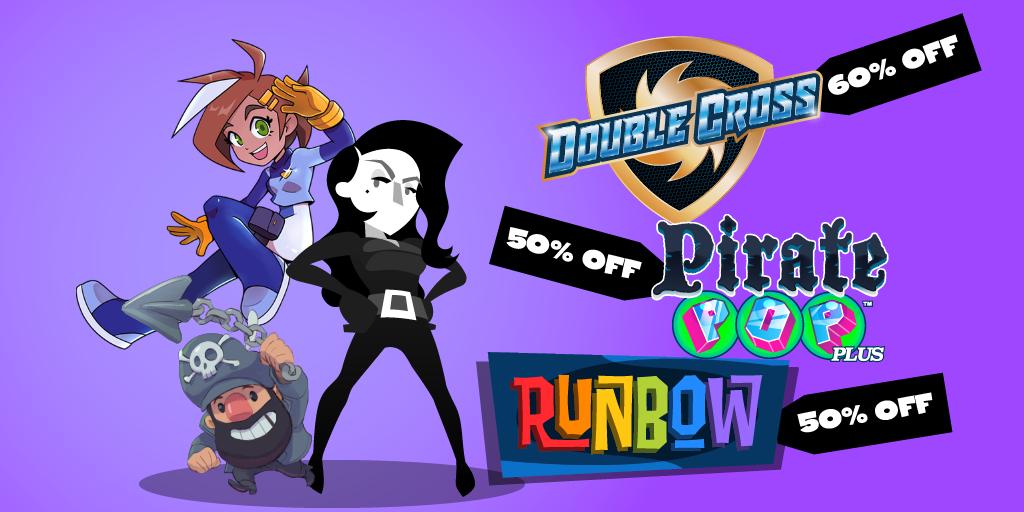 13amgames's tweet photo. Hang on to your wallets, everyone, the #SteamSummerSale has landed! #Runbow and #PiratePopPlus are on sale for a whopping 50% off and #DoubleCrossGame is on sale for a ginormous 60% off! Get them while you can! #SteamDeals #indiegame https://t.co/OiPSbUmC1o