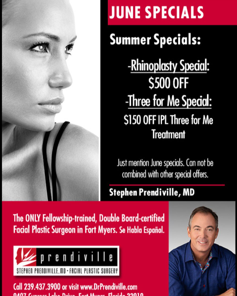 DrSPrendiville's tweet photo. Just a few days left to take advantage of our June Specials! Call our office today to book your procedures... this is the summer of YOU! #SWFLFacialExpert #naples #fortmyers #estero #capecoral #bonitasprings #rhinoplasty #reconstructivesurgery #plasticsurgery #IPL #ThreeForMe https://t.co/VtR8S6OfSp