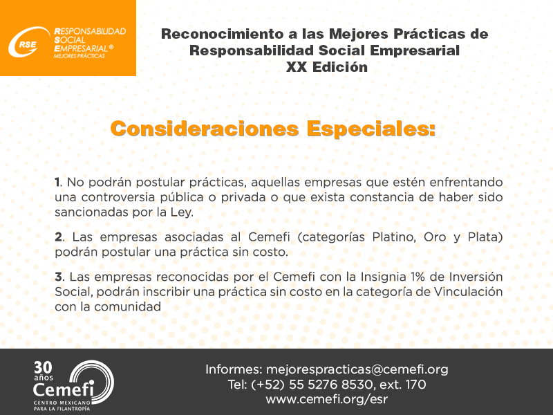 Cemefi_RSE's tweet photo. Consideraciones especiales para poder participar en el Reconocimiento a las Mejores Prácticas de Responsabilidad Social Empresarial. Más información en  https://t.co/uCVDaW5avd #ESR #RSE #MejoresPracticasRSE https://t.co/BD2U6ViFdB