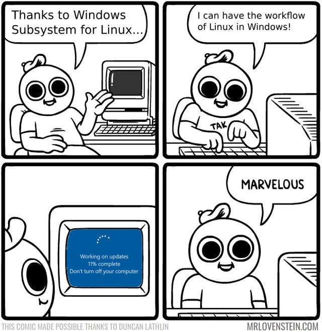 nixcraft's tweet image. Running Linux using Windows 10. The joy of WSL ;) Memm based upon @MrLovenstein comic.