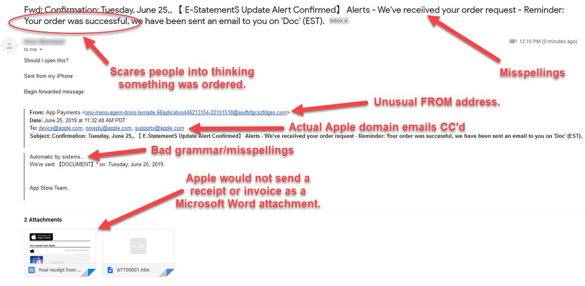 Anatomy of a phishing email - soooo many red flags on this one that my wife received - luckily, she's smarter than the average bear and knows when something looks off.  TRAIN YOUR USERS TO WATCH FOR THESE RED FLAGS - so important.