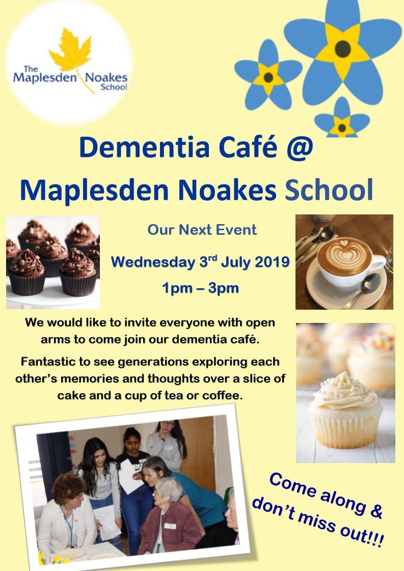 **UPCOMING EVENT** @MaplesdenNoakes are holding their 2nd DEMENTIA CAFE at MAPLESDEN NOAKES SCHOOL Wednesday 3rd July 1pm-3pm Come along and join in, it is fantastic to see the generations sharing memories, Designed by Pupils Hosted by Pupils, #Dementia #Maidstone <a href="/MaidstoneDFC/">Building A Dementia Friendly Maidstone</a>