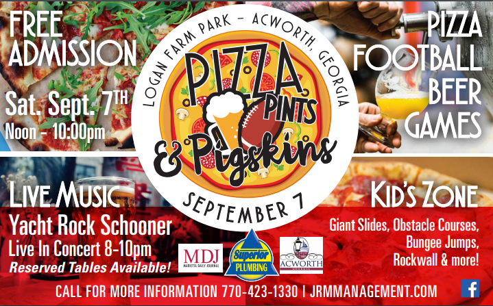 VisitAcworth's tweet photo. Join us for the inaugural Pizza, Pints, &amp; Pigskins event at Logan Farm Park on Saturday, September 7th from noon until 10 PM. We will also have a kid's zone, and live music from 8 PM - 10 PM. #VisitAcworth #Acworthy #PizzaPintsandPigskins https://t.co/nwKBIsZKsE