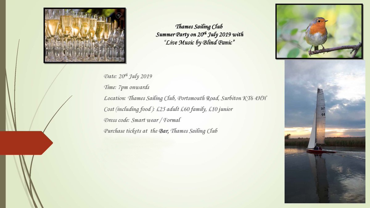Summer Party
20th July 2019, from 7pm onwards
Live music by 'Blind Panic'
Dress code: Smart wear/ formal
Cost (including food): £25 adult, £60 family, £10 junior
Please PM us if you are interested in a ticket.
Members please purchase your tickets at the clubs bar.