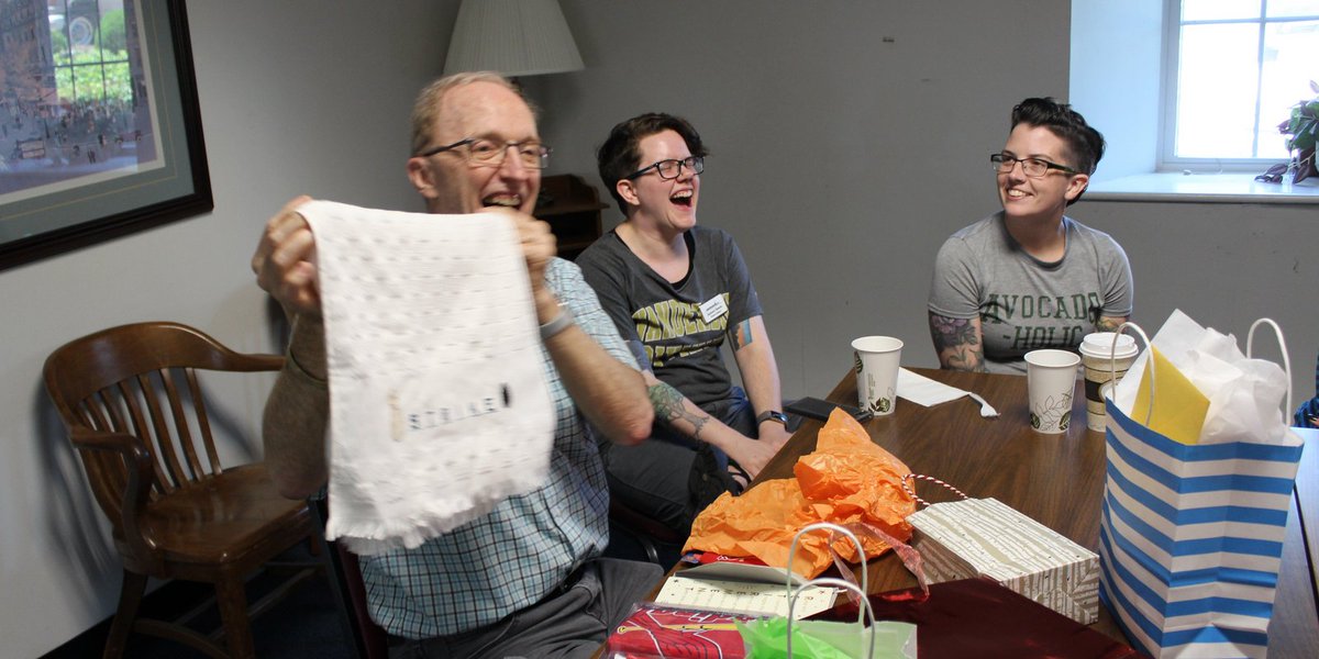 ManchesterUMC's tweet photo. Pastor Greg Weeks, who retires on Sun., June 30, delights in a retirement gift from staff members at a surprise potluck party today. He's a fan of the Cardinals and bowling, ergo the gifts were appropriately themed. #ManchesterUMC #GregWeeks #FarewellGreg https://t.co/bGJb0Rit2G