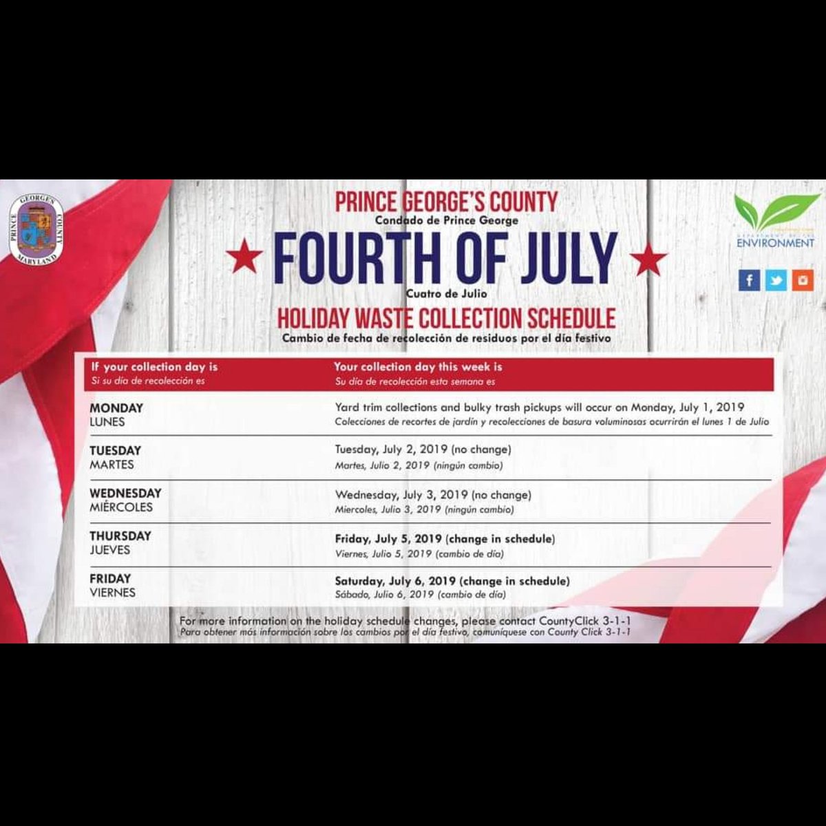 CouncilMemberD9's tweet photo. #PrinceGeorgesCounty Independence Day #WasteCollection schedule - no collection on July 4. Collection will take place July 5 and 6. https://t.co/pHN3uEJ8AC