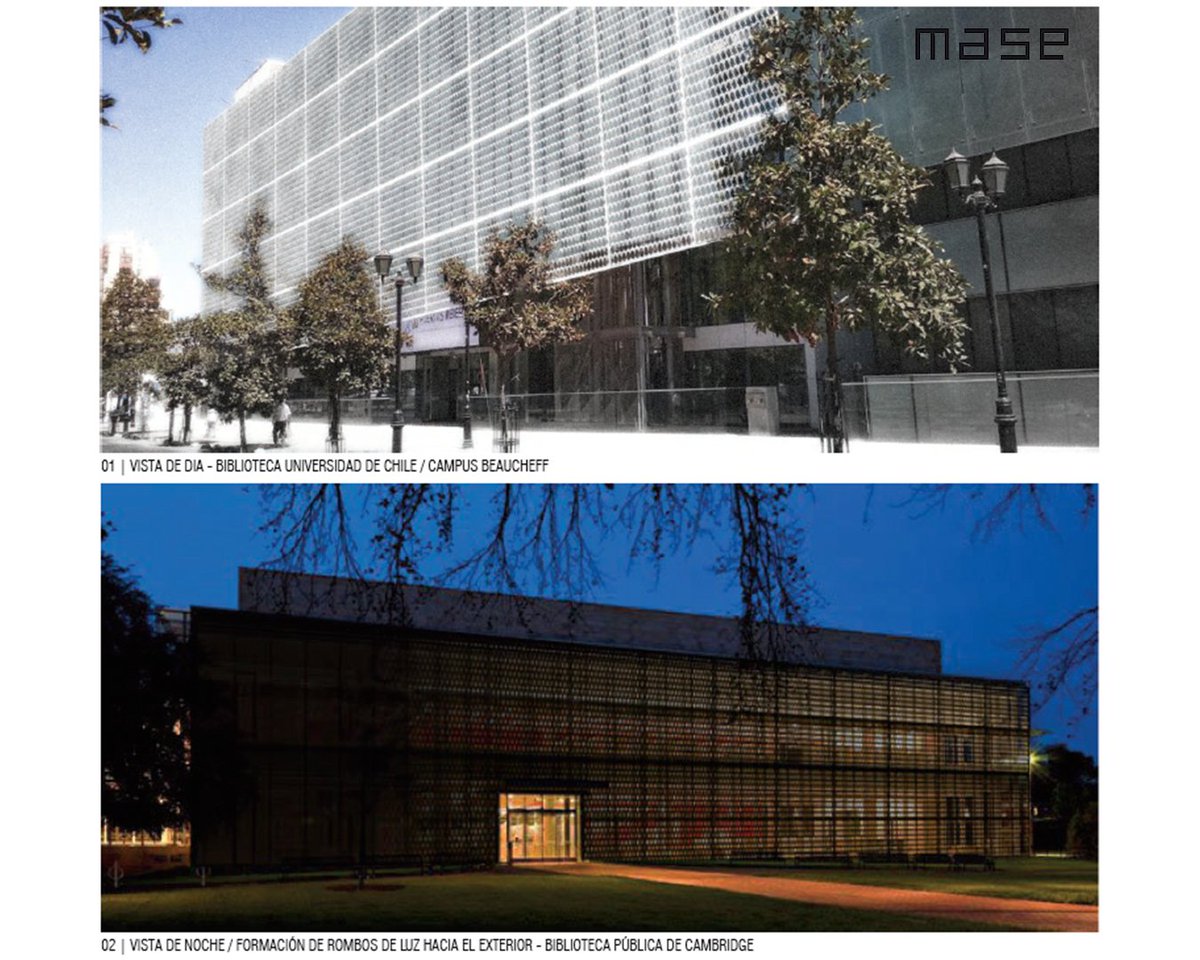 La siguiente propuesta de fachada de origami mezcla el uso de un Kirigami sustentado sobre un acordeón tradicional de Origami.