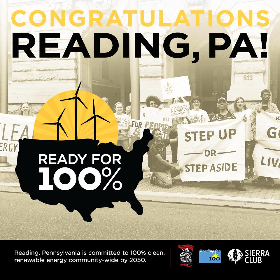 SierraClubPA's tweet photo. Last night #Reading #PA unanimously committed to 100% clean, renewable energy citywide by 2050. Making the city the 19th community in #Pennsylvania and 130th nationwide to commit to 100% clean energy #Readyfor100 
https://t.co/coiC1nCUrY https://t.co/tvcRTSUXMM