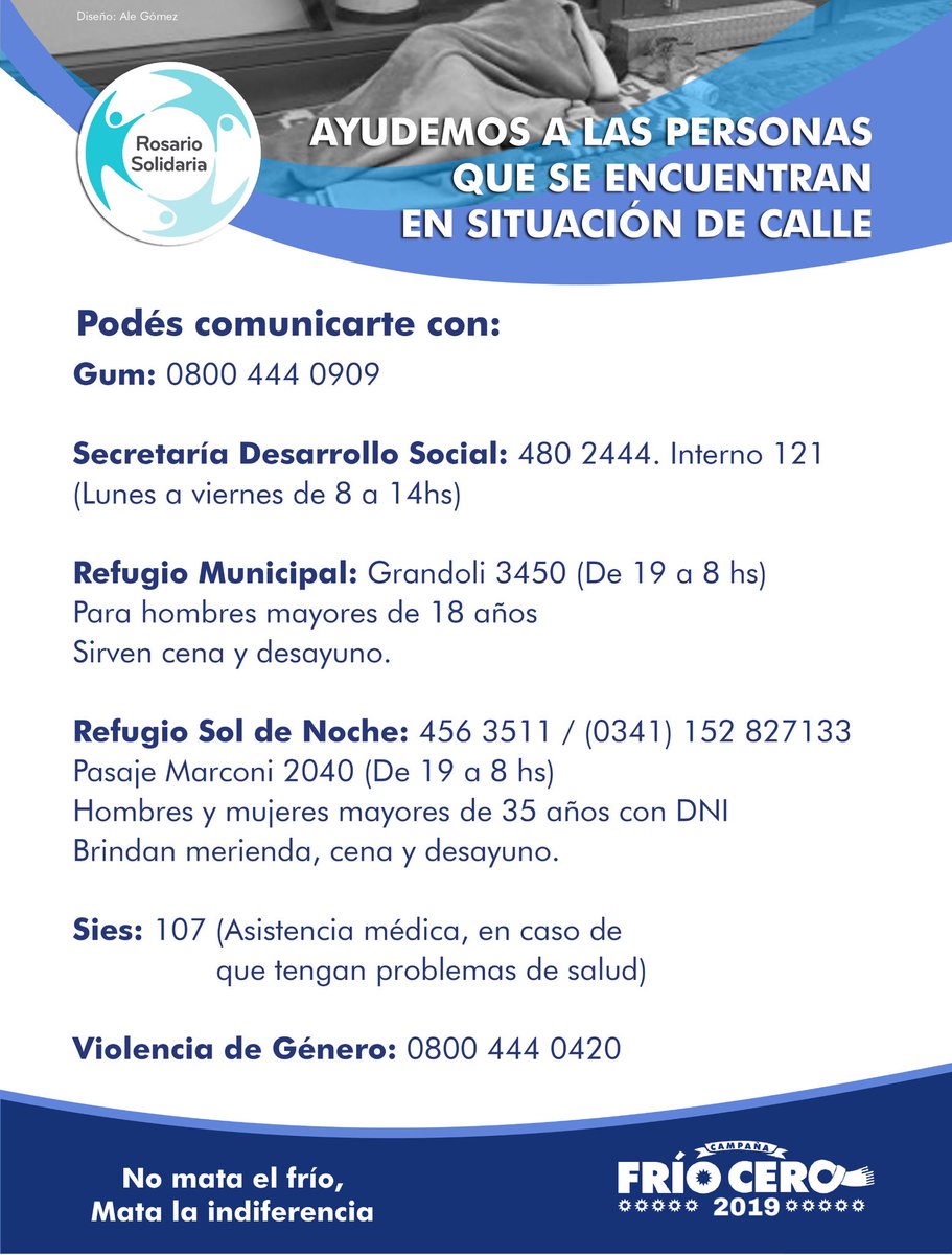 RosSolidaria's tweet photo. 📣#alerta
❄️ FRÍO en ROSARIO!

📍Por temperaturas debajo los 5° se puede producir la muerte x  HIPOTERMIA
Si nos encontramos con Personas en Situación de calle, saludamos y ofrecer, Abrigo, Comida Caliente y AVISAR

📞GUM 08004440909

#Nomataelfriomatalaindiferencia
#friocero https://t.co/qfyPHJx07Z