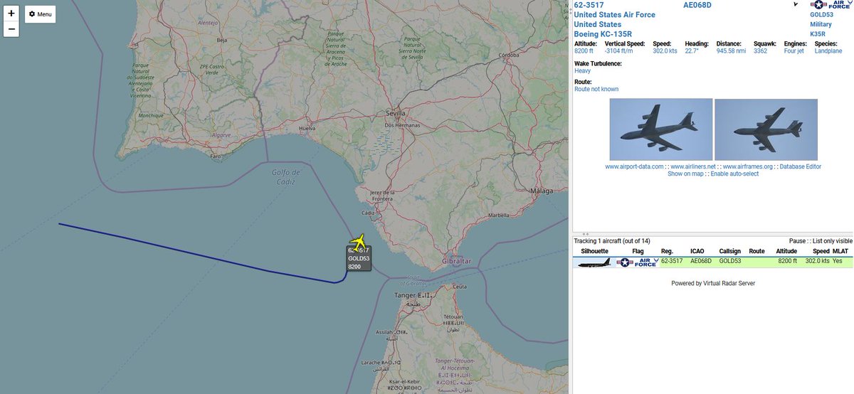 civ_pt's tweet photo. United States Air Force πΊπΈ, 62-3517, #GOLD53, Boeing KC-135, approaching Rota Airbase #LERT πͺπΈ
, FL80. #usaf #planespotting #potn #adsb #virtualradar https://t.co/IYJqIQRA7K