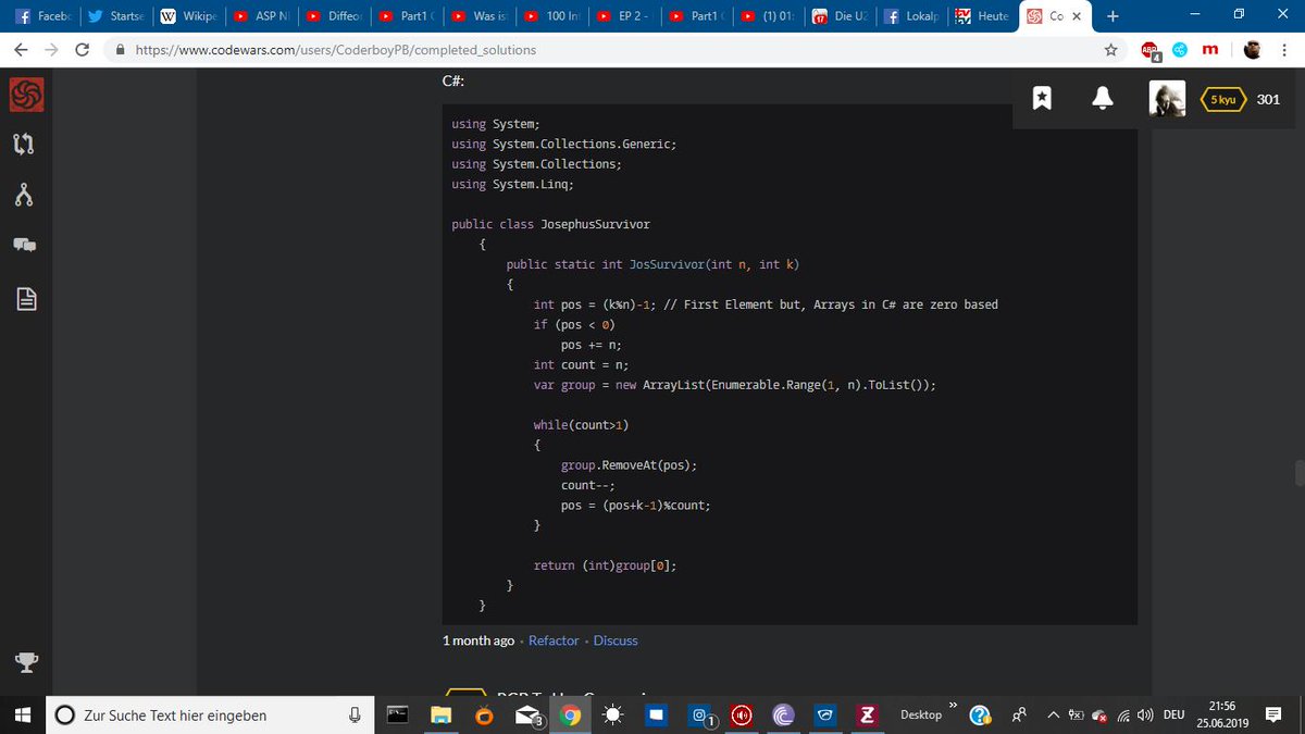 coderboypb's tweet image. Das #JosephusProblem habe ich letztens für #Codewars programmiert :-) #JKvsP7 #csharp