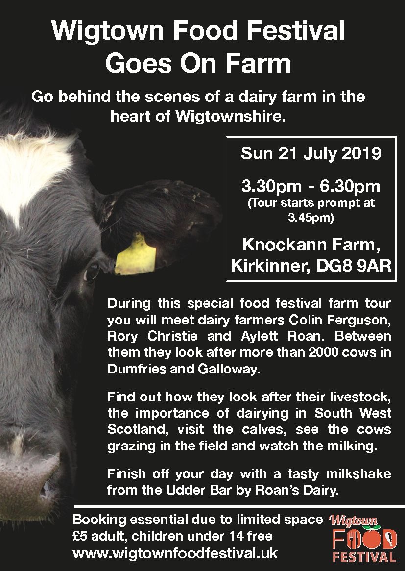 Pleased to be hosting this event next month with help from a few others. An opportunity to tell the story of how our food is produced. This is a ticketed event available from ticketsource.co.uk/wigtown-food-f…  #TeamDairy #scottishagritourism #scottishenterprise @WigtownFoodFest