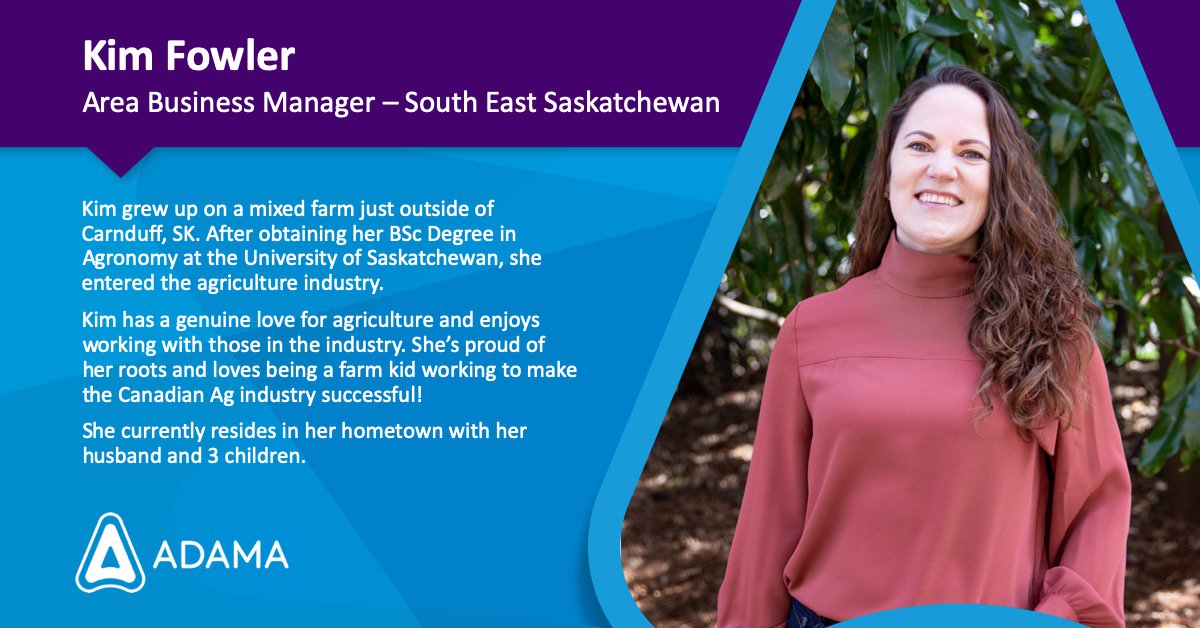 Meet Kim: an Area Business Manager for #southeastSK. Kim brings knowledge to the #ADAMA team gained through her BSc degree in Agronomy from #usask, as well as from a childhood spent learning all about #CDNAg.