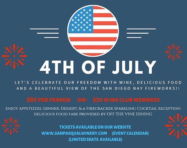 Join us 4th of July 🇺🇸🎆🎇🇺🇸
Delicious Wine + Amazing Food + Big Bay Boom Fireworks = A Fantastic Time! 🇺🇸🇺🇸🍷🍷🎆🎇🥂🥂🇺🇸🇺🇸
Tickets are ON SALE NOW, Limited Seats Available!! Follow the link in our BIO to buy your tickets today! We look forward to seein… bit.ly/2X8dct9