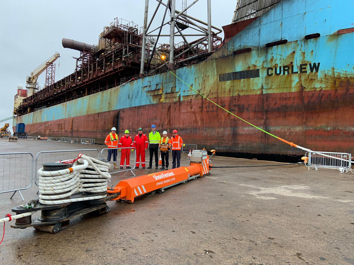 FPSO Curlew safely moored with Shore tension  in the port of Dundee .