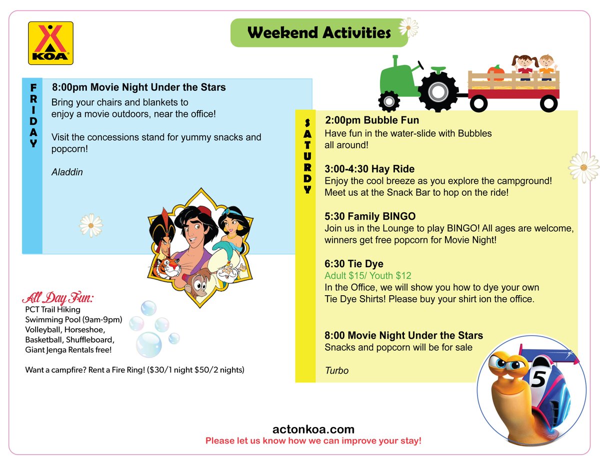 Start your summer with a camping trip at The Acton KOA!
Come join us on June 25, and 26 for a fun weekend! Enjoy a movie with some delicious popcorn, dye a custom KOA t-shirt with all of your favorite colors, slip and slide in the water slide! 🍿📽🏊‍♂️😁