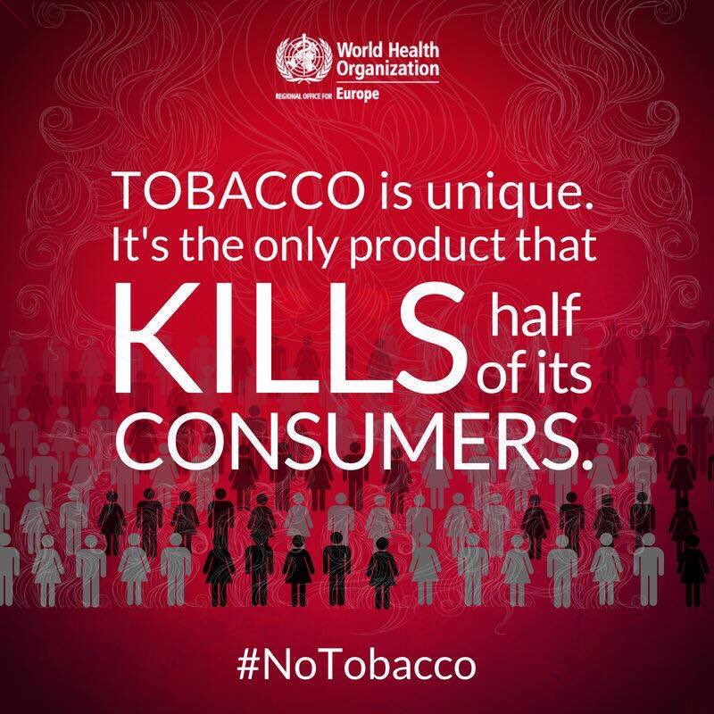 WHO's tweet photo. Tobacco is the only product that kills half of its consumers.

Choose health, say #NoTobacco! 🚭 https://t.co/fTv6c8bbko https://t.co/dKsGrEyhhA