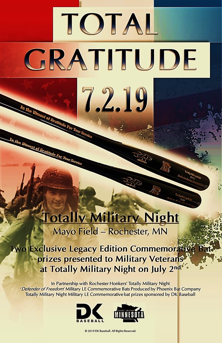 SMEA_Good_Fun's tweet photo. #Minnesota #baseball organization pledges pair of @PhoenixBats highly touted "Utmost of Gratitude' military service bats on special 7.2.19 @RochHonkers 'Totally Military Night'. https://t.co/ZwIYLgIXU6 
#Military #America #Rochester 
#July4th #familyfun #IndependenceDay2019 https://t.co/P80O2xPhmr