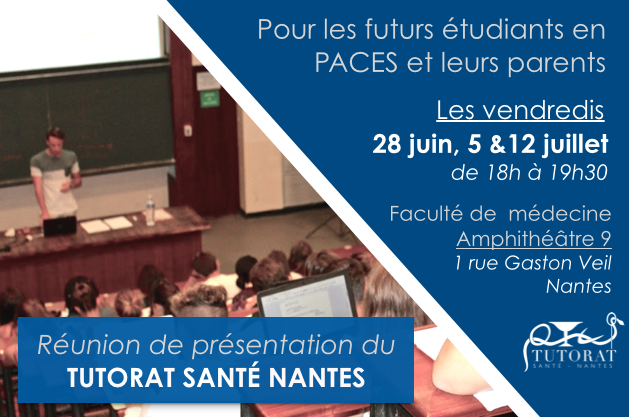 TutoratNantes's tweet photo. Le Tutorat Santé Nantes convie tous les futurs étudiants en PACES et leurs parents à des réunions de présentation Tutorat. 
Nous aurons la joie de vous présenter la PACES, le Tutorat Santé Nantes et de la pré-rentrée que nous organisons gratuitement pour TOUS les étudiants. https://t.co/n6B7irVGuC