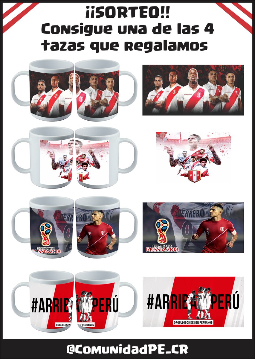 ComunidadPE_CR's tweet photo. Queremos celebrar la clasificación de nuestra @SeleccionPeru y por eso vamos a sortear 4 tazas personalizas. (Entrega solo en Lima)
Requisitos:
◀️Síguenos en Twitter.
◀️Haz RT a la publicación.
◀️Etiqueta a 2 amigos en los comentarios.
Día : Viernes 28
Mucha Suerte a todos!! https://t.co/FZkNCgEau6