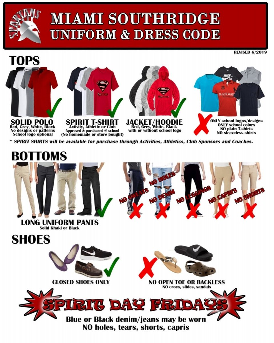 Southridge_SHS's tweet photo. Mandatory Uniform School! Note one change this year: Spirit Shirts All Week!! #RidgePride #SpartanSpirit https://t.co/GdM79CC9SS