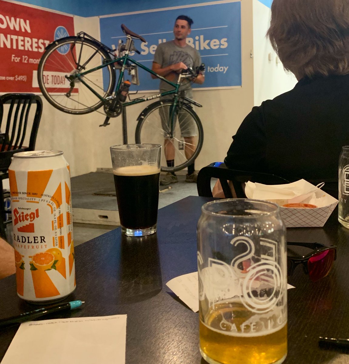 JakesJournal's tweet photo. Big thanks to our #SpokesKC mechanic Quincy and our friends at @BikeWalkKC for sharing helpful information at tonight’s Bike Mechanics 101 after our #KCSocialRide! We learned about the ABC’s - air, brakes, chain - of bike maintenance over beer and tacos. Thanks, all! https://t.co/7ZLmPfvunH