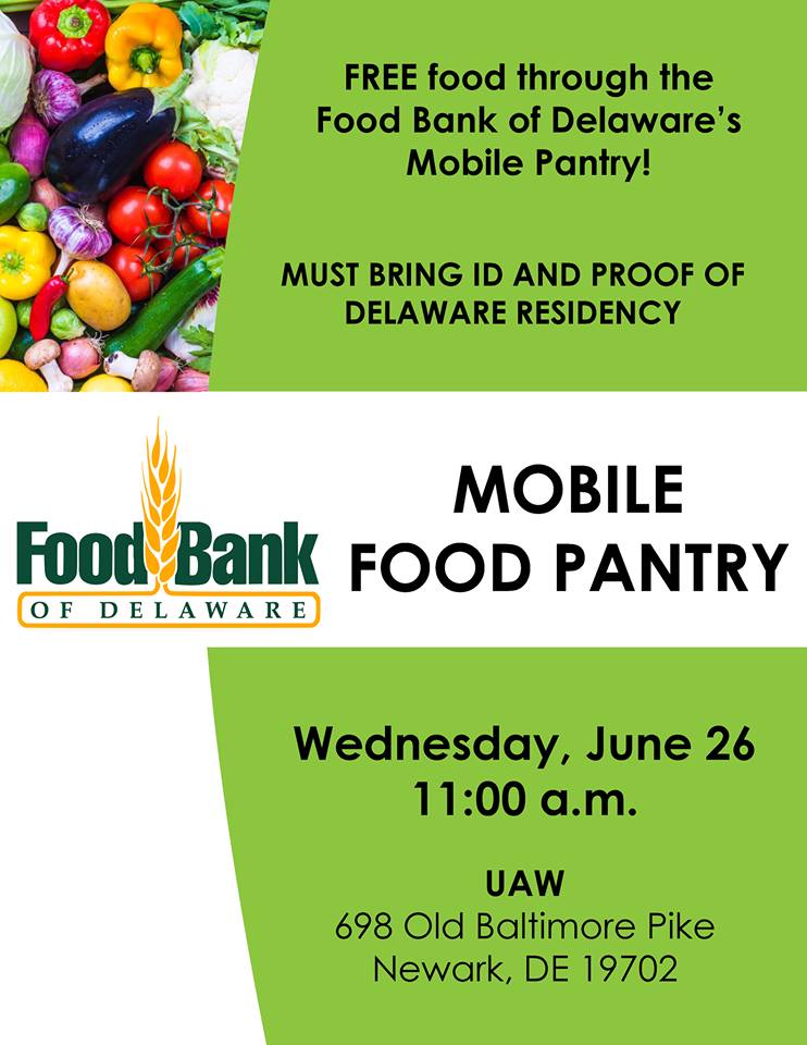 The <a href="/FoodBankofDE/">Food Bank of DE</a> mobile food pantry will be providing free food at the UAW 1183 in Newark, DE on Wednesday at 11:00 a.m. Must bring ID and proof of Delaware residency. #netDE