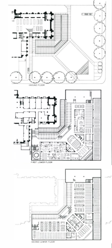 Allan & Alene Smith Law Library Addition (1974-81) /// Birkerts’ 77,000sf addition to the neo-gothic Law School was built completely underground, with a deep light trench to bring daylight down into the subterranean library.  http://media.journals.elsevier.com/content/files/harnessing-the-nineteenth-century-04110046.pdf