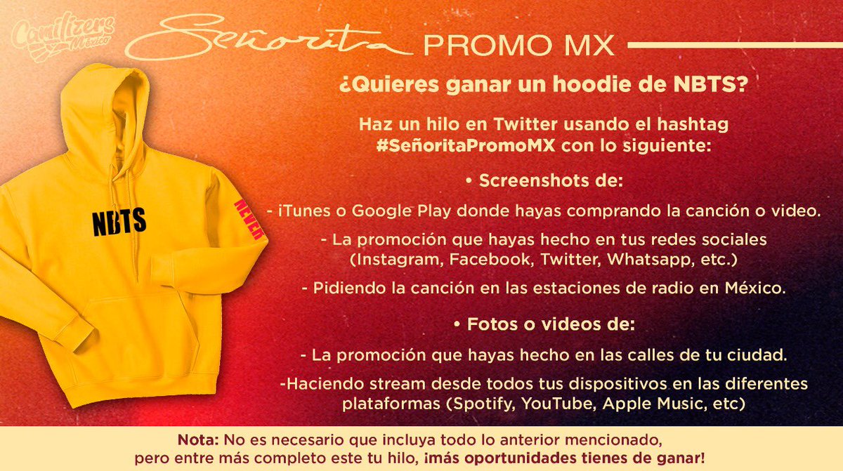 CCamilizersMX's tweet photo. Camilizers de México ¡las dinámicas han regresado! 🎉

¿Quieres ganar un hoodie gold de NBTS? Lee con atención los siguientes pasos y comienza a participar desde ahora

El ganador será elegido por el Team CCamilizersMX el jueves 27 de junio a las 8pm ¡SUERTE! 💚

#SeñoritaPromoMX https://t.co/71zBP0Cl4s