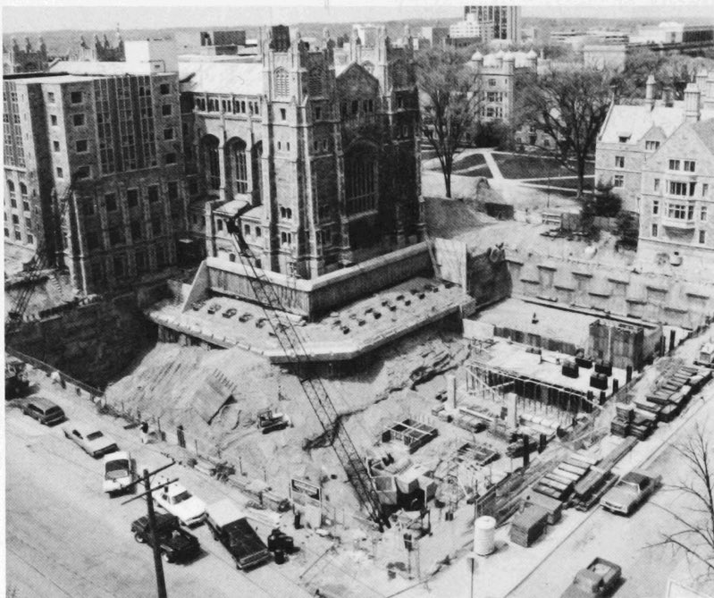 A few aerial photos and an interior shot from this article “The Law School Goes Under,” which gives an incredibly detailed account of the history and construction of the Law Library Addition:  https://heritage.umich.edu/stories/the-law-school-goes-under/