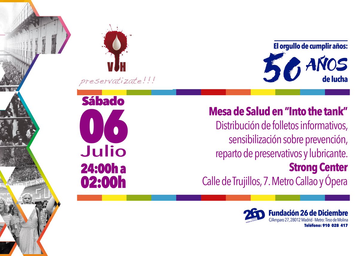 fundacion26D's tweet photo. Y después de la maní... Mesa de Salud en “Into the tank”
Distribución de folletos informativos, sensibilización sobre prevención, reparto de preservativos y lubricante.
Strong Center Calle de Trujillos, 7. Metro Callao y Ópera
#f26d #mayoreslgtbi @MADOrgullo @intothetankclub https://t.co/wVmDeIC0Nn
