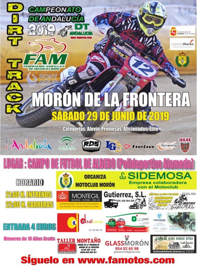 Motociclismo 🏍 || este sábado 29 de junio se celebra en Morón el Campeonato de Andalucía de Dirt Track. Organiza MotoClub Morón #ImpulsaMorón