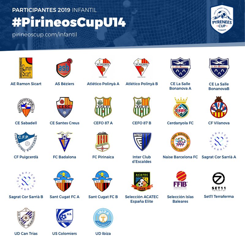 ¡Estos son los equipos que jugarán la categoría U14 Infantil en la Pirineos Cup 2019!
Sigue todas las novedades de la categoría en pirineoscup.com/infantil y en redes sociales a través del hashtag #PirineosCupU14.
¿Quién crees que será el ganador?

#PirineosCupU14
#PirineosCup2019
